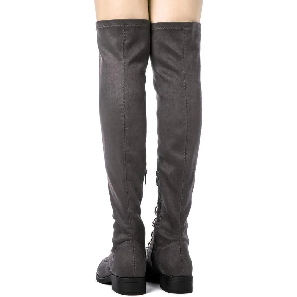 Women's Grey Faux Leather Side Zipper Over The Knee Thigh High Tall Boots